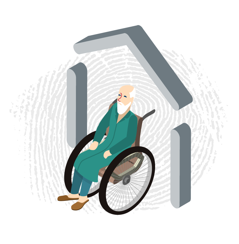 Illustration d'une personne âgée en fauteuil roulant protégée par une maison